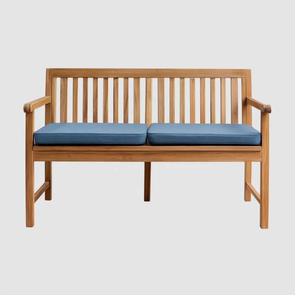 2-osobowa drewniana ławka ogrodowa 120 x 65 x 90 cm, brązowa z niebieskimi poduszkami