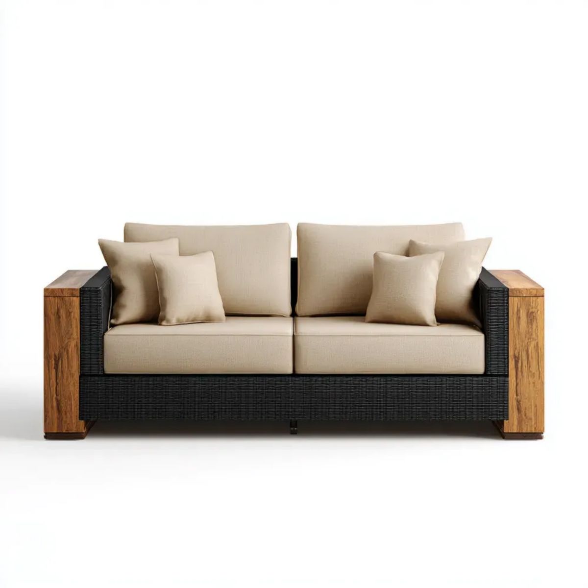 2-osobowa sofa ogrodowa z drewna, technorattanu i metalu, beżowo-czarna z naturalnym brązem, 180 × 85 × 82 cm