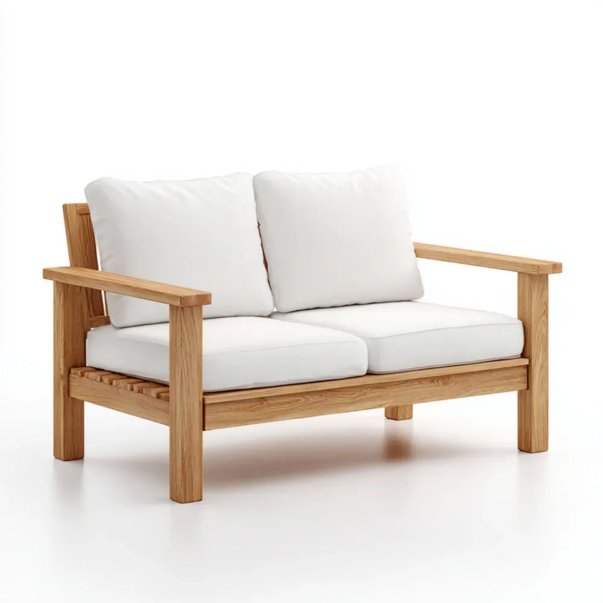 2-osobowa drewniana sofa ogrodowa z poduszkami, naturalny brąz/biały, 130 x 75 x 78 cm