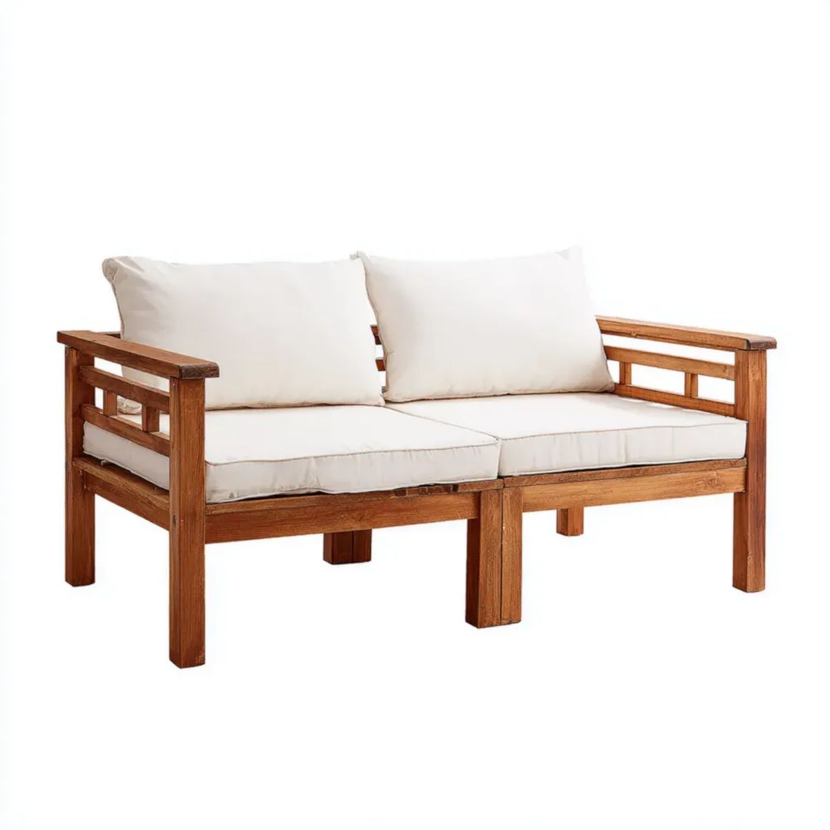 2-osobowa sofa ogrodowa z drewna akacjowego, brązowa z kremowymi poduszkami, 120 x 65 x 80 cm