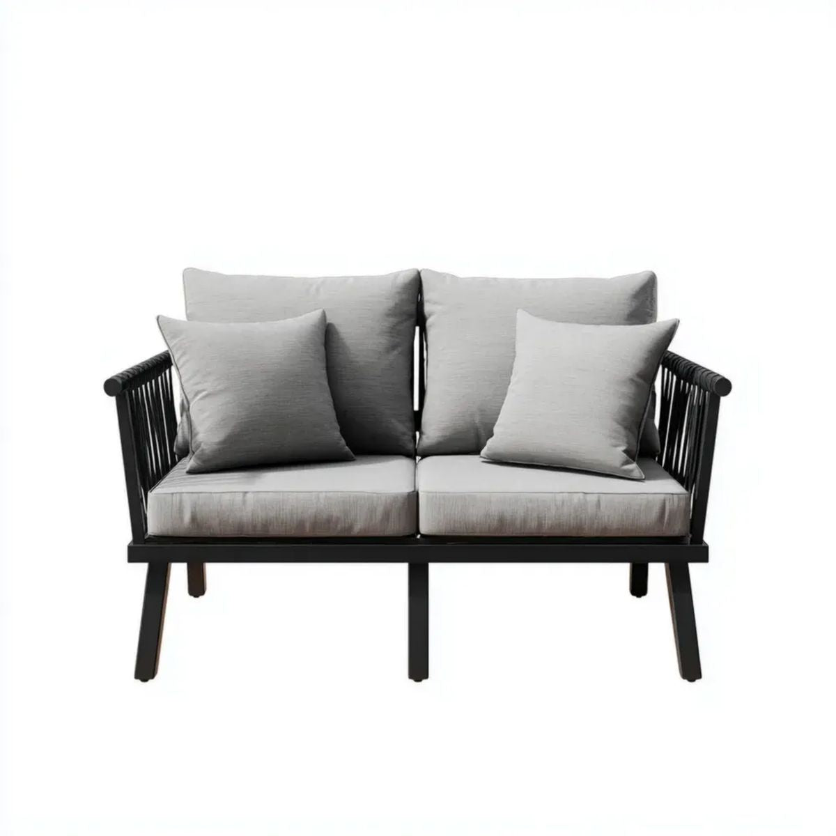 2-osobowa sofa ogrodowa z aluminium i sznurka PP, szaro-czarna, 130 × 70 × 76 cm