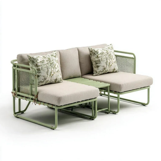 Modułowa sofa ogrodowa 2-osobowa ze stalowym stolikiem, zielona/beżowa, 200 x 75 x 70 cm